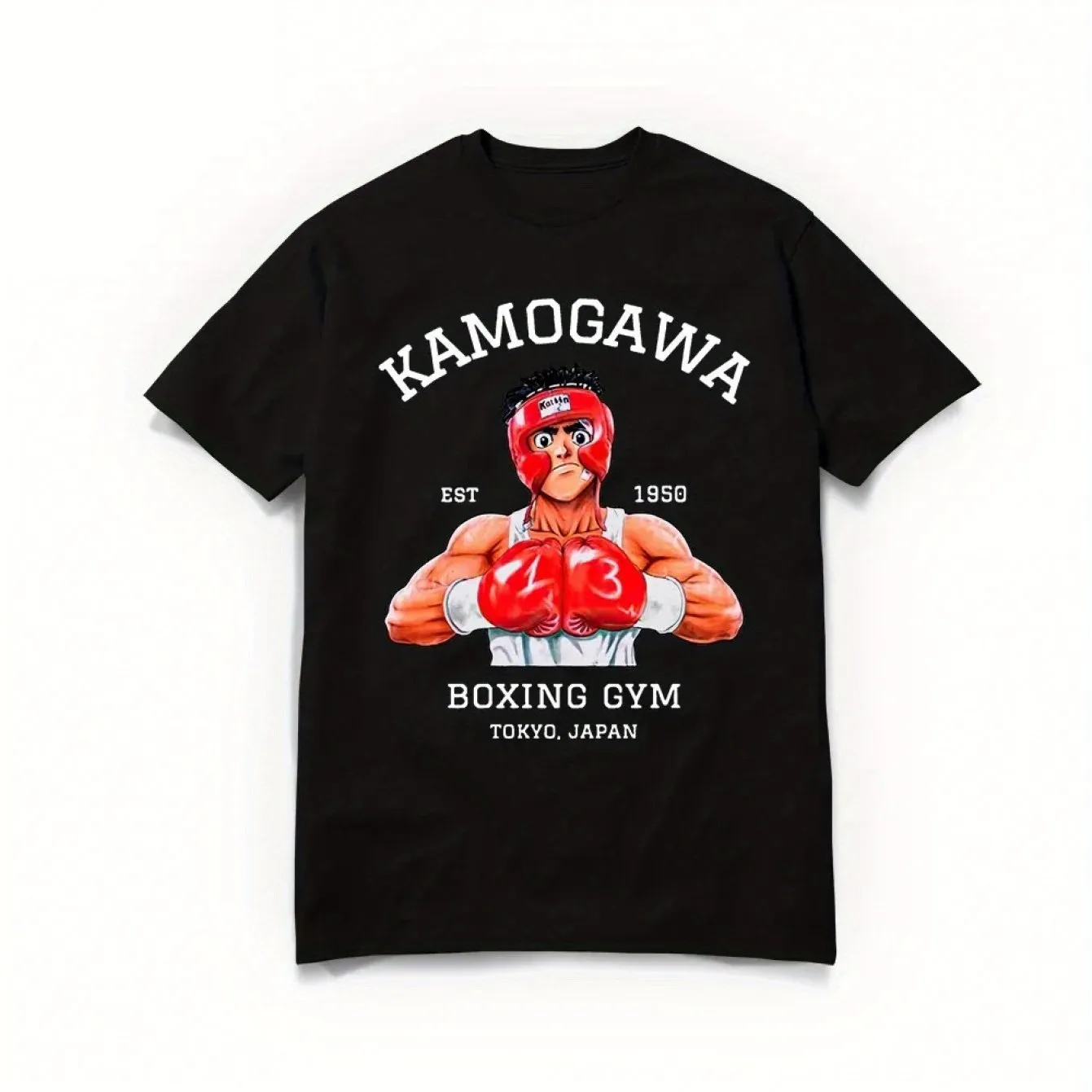 1pc 180G 100% Cotton Men's Boxing Gym Graphic T-Shirt - Black Anime Hajime No Ippo Kamogawa Design, Casual Round Neck Short Sleeve Tee for Summer