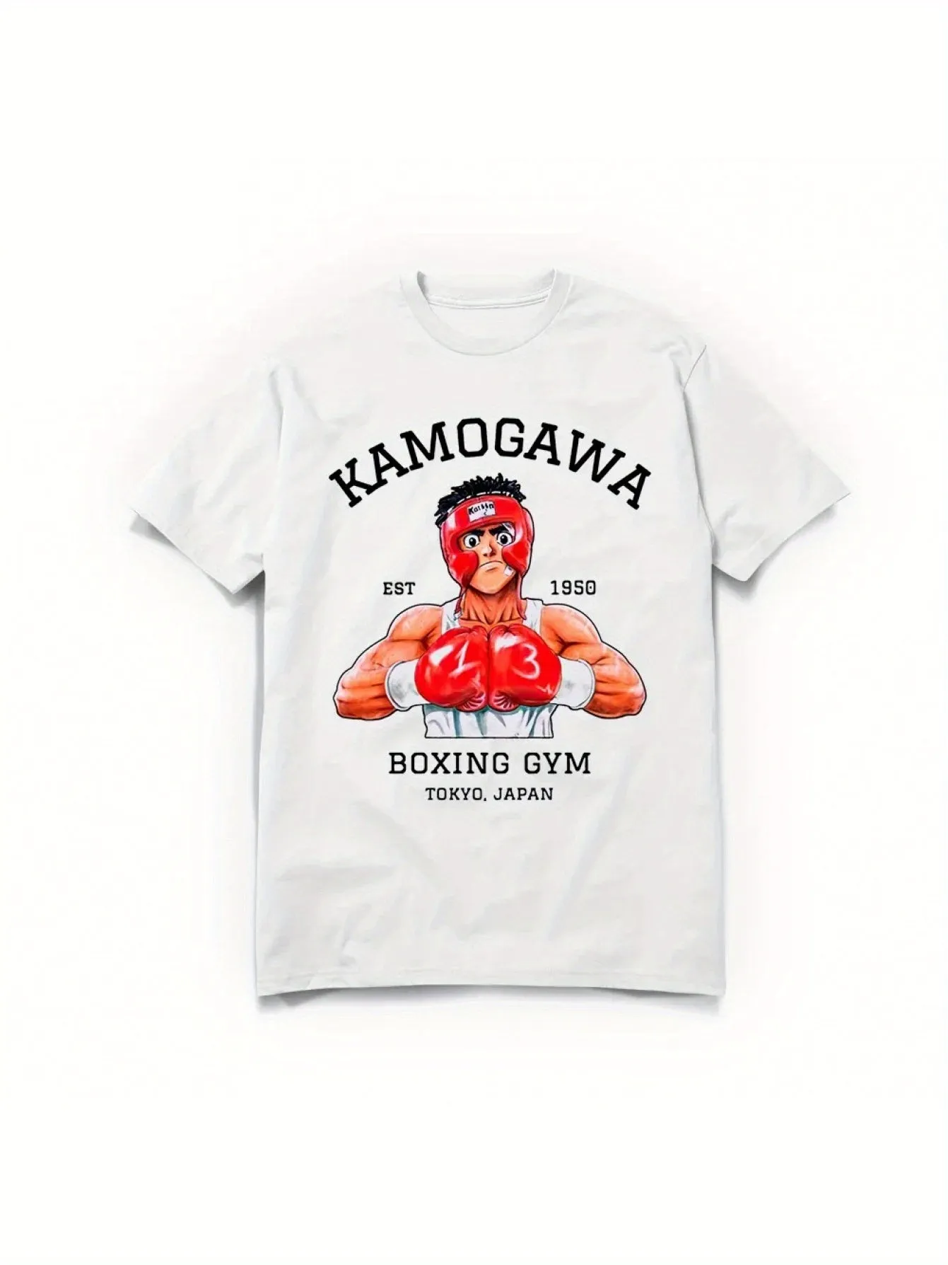 1pc 180G 100% Cotton Men's Boxing Gym Graphic T-Shirt - Black Anime Hajime No Ippo Kamogawa Design, Casual Round Neck Short Sleeve Tee for Summer