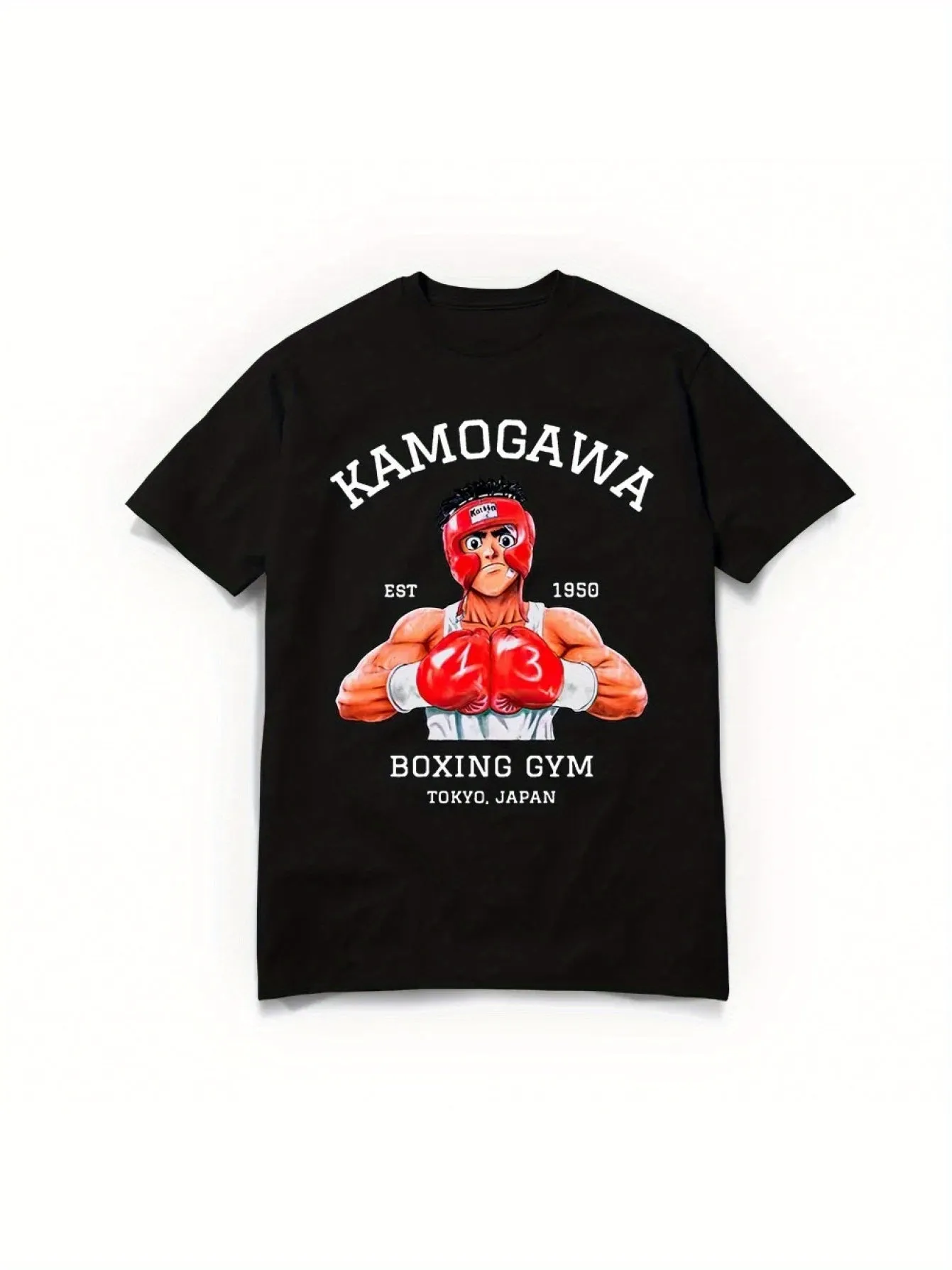 1pc 180G 100% Cotton Men's Boxing Gym Graphic T-Shirt - Black Anime Hajime No Ippo Kamogawa Design, Casual Round Neck Short Sleeve Tee for Summer