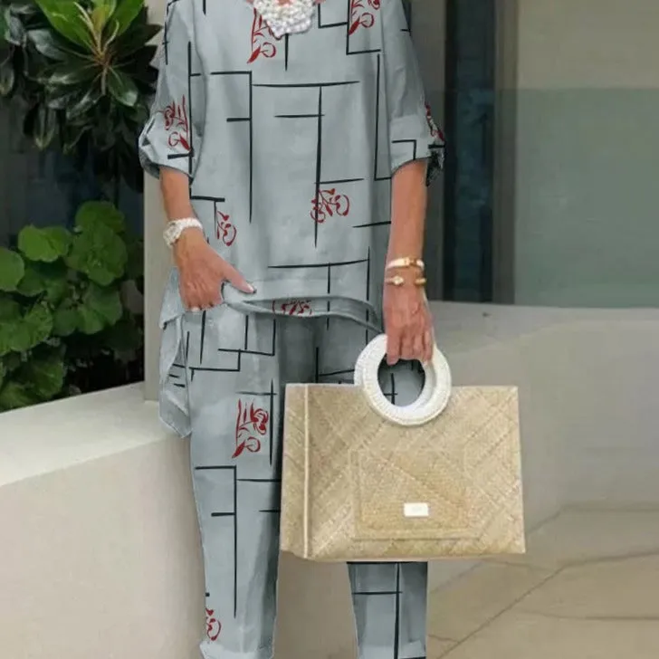 2PCS Summer Suits Women Vintage Printed Urban Tracksuit Two Piece Sets Casual Half Sleeve Blouse Pants Sets Matching Sets