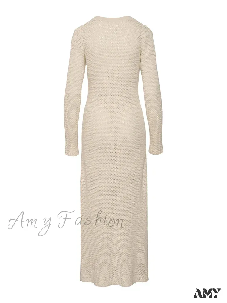 Amy Fashion - Elegant Women Knitted   Sleeve Deep V Neck Front Hollow Out Solid Color Slim Beach Vestidos