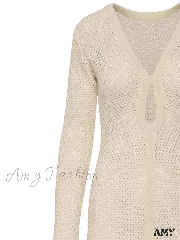 Amy Fashion - Elegant Women Knitted   Sleeve Deep V Neck Front Hollow Out Solid Color Slim Beach Vestidos