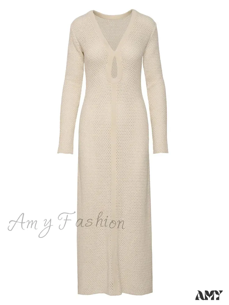 Amy Fashion - Elegant Women Knitted   Sleeve Deep V Neck Front Hollow Out Solid Color Slim Beach Vestidos