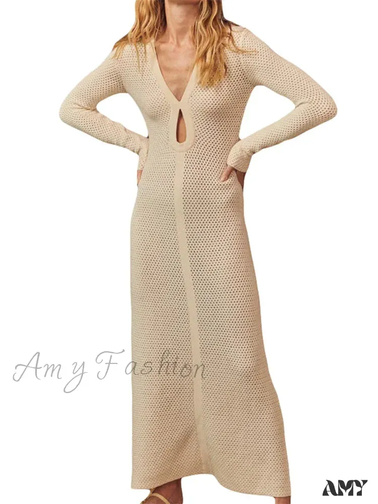 Amy Fashion - Elegant Women Knitted   Sleeve Deep V Neck Front Hollow Out Solid Color Slim Beach Vestidos