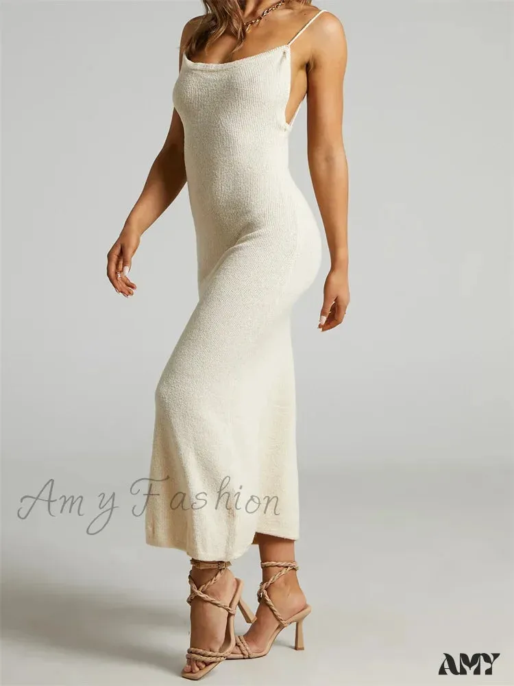 Amy Fashion - Sexy Women Knitted Summer  Solid Color Sleeveless Spaghetti Strap Low Cut O-neck Backless  Vestidos