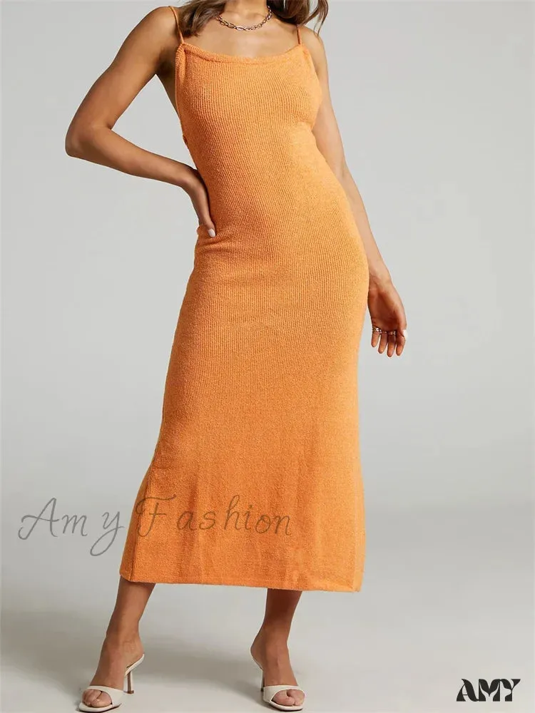 Amy Fashion - Sexy Women Knitted Summer  Solid Color Sleeveless Spaghetti Strap Low Cut O-neck Backless  Vestidos
