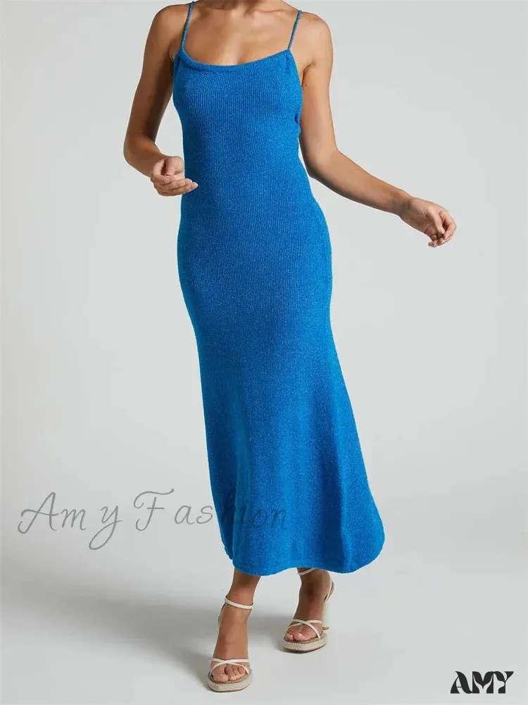 Amy Fashion - Sexy Women Knitted Summer  Solid Color Sleeveless Spaghetti Strap Low Cut O-neck Backless  Vestidos