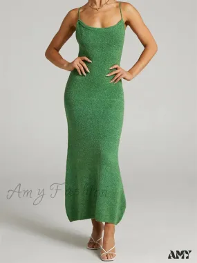 Amy Fashion - Sexy Women Knitted Summer  Solid Color Sleeveless Spaghetti Strap Low Cut O-neck Backless  Vestidos