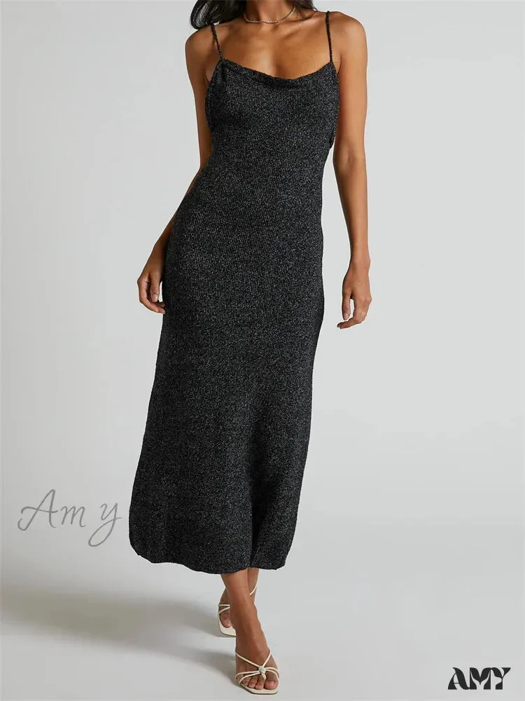 Amy Fashion - Sexy Women Knitted Summer  Solid Color Sleeveless Spaghetti Strap Low Cut O-neck Backless  Vestidos