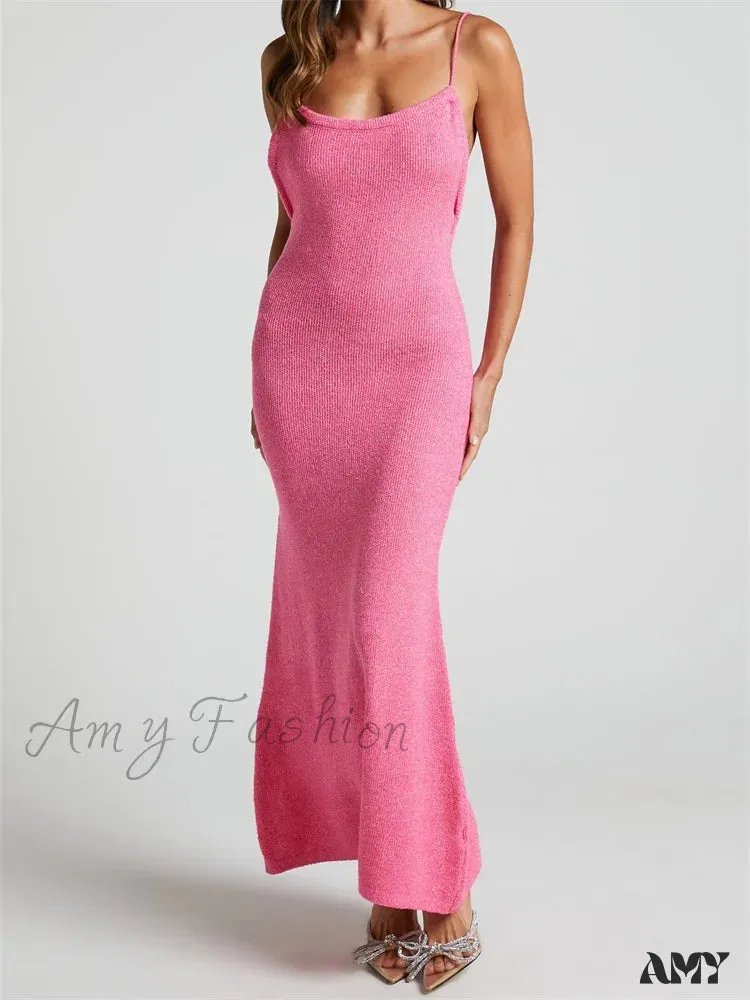 Amy Fashion - Sexy Women Knitted Summer  Solid Color Sleeveless Spaghetti Strap Low Cut O-neck Backless  Vestidos