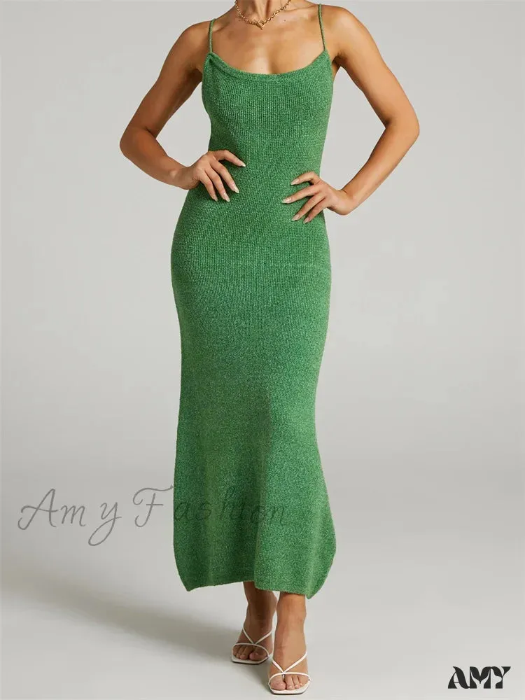 Amy Fashion - Sexy Women Knitted Summer  Solid Color Sleeveless Spaghetti Strap Low Cut O-neck Backless  Vestidos