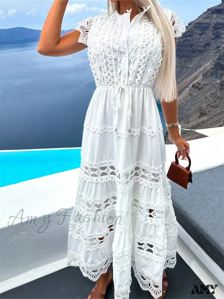 Amy Fashion - Women Lace Hollow Out   Sleeve Front Buttons Up V-Neck Patchwork Loose Party Female Vestidos