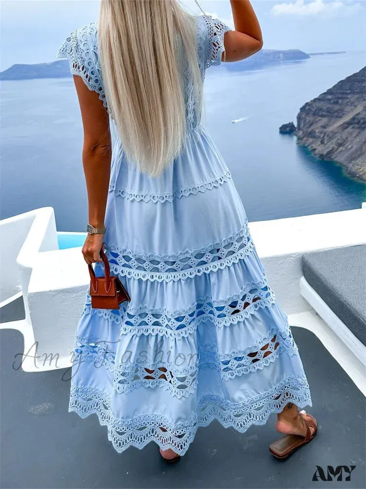 Amy Fashion - Women Lace Hollow Out   Sleeve Front Buttons Up V-Neck Patchwork Loose Party Female Vestidos