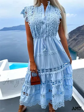 Amy Fashion - Women Lace Hollow Out   Sleeve Front Buttons Up V-Neck Patchwork Loose Party Female Vestidos