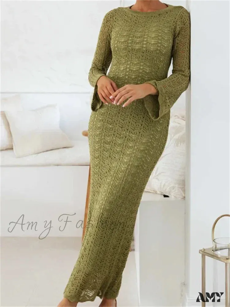 Amy Fashion - Women   Sleeve Round Neck Backless Tie-up Hollow Out Cocktail Spring Autumn Female Vestidos