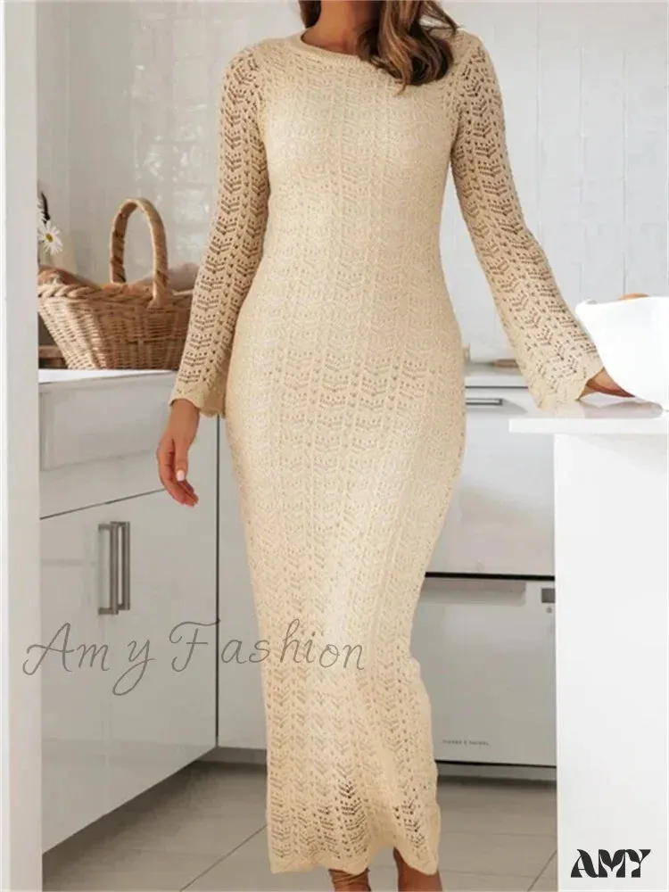 Amy Fashion - Women   Sleeve Round Neck Backless Tie-up Hollow Out Cocktail Spring Autumn Female Vestidos