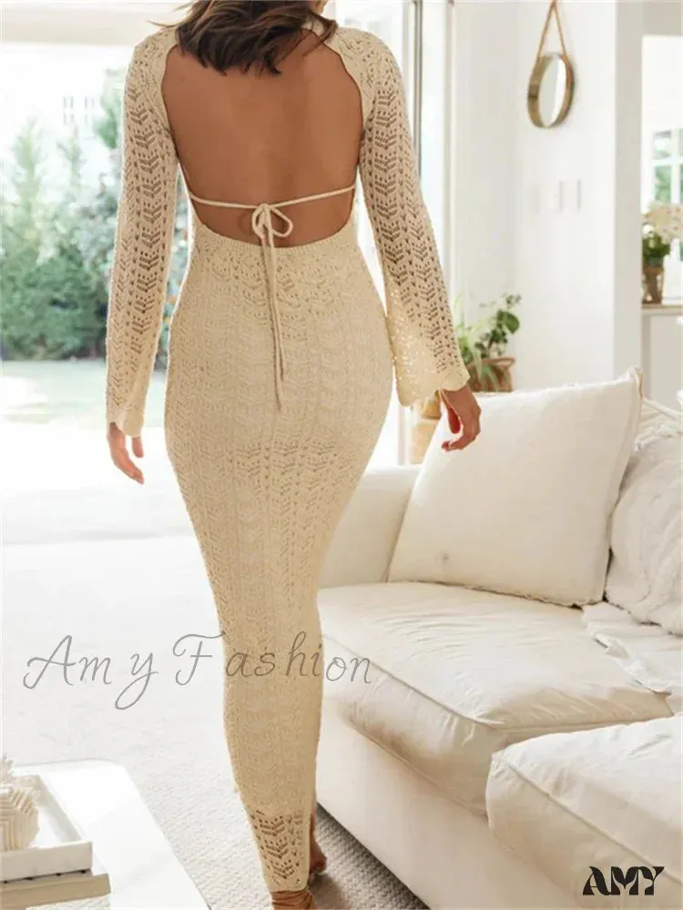 Amy Fashion - Women   Sleeve Round Neck Backless Tie-up Hollow Out Cocktail Spring Autumn Female Vestidos