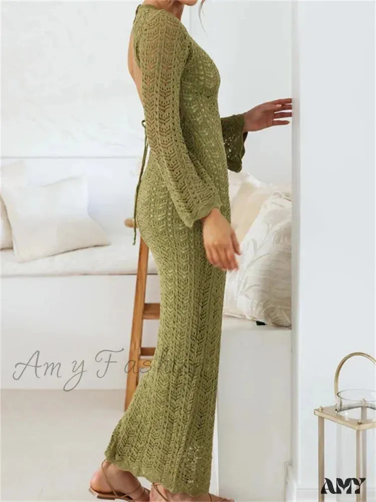 Amy Fashion - Women   Sleeve Round Neck Backless Tie-up Hollow Out Cocktail Spring Autumn Female Vestidos