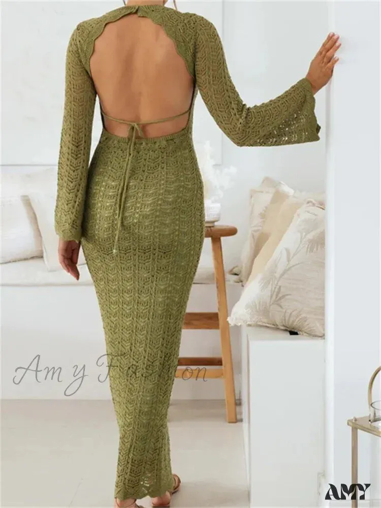 Amy Fashion - Women   Sleeve Round Neck Backless Tie-up Hollow Out Cocktail Spring Autumn Female Vestidos