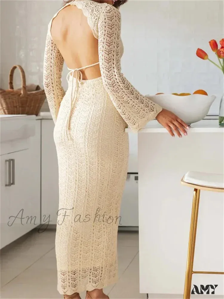 Amy Fashion - Women   Sleeve Round Neck Backless Tie-up Hollow Out Cocktail Spring Autumn Female Vestidos