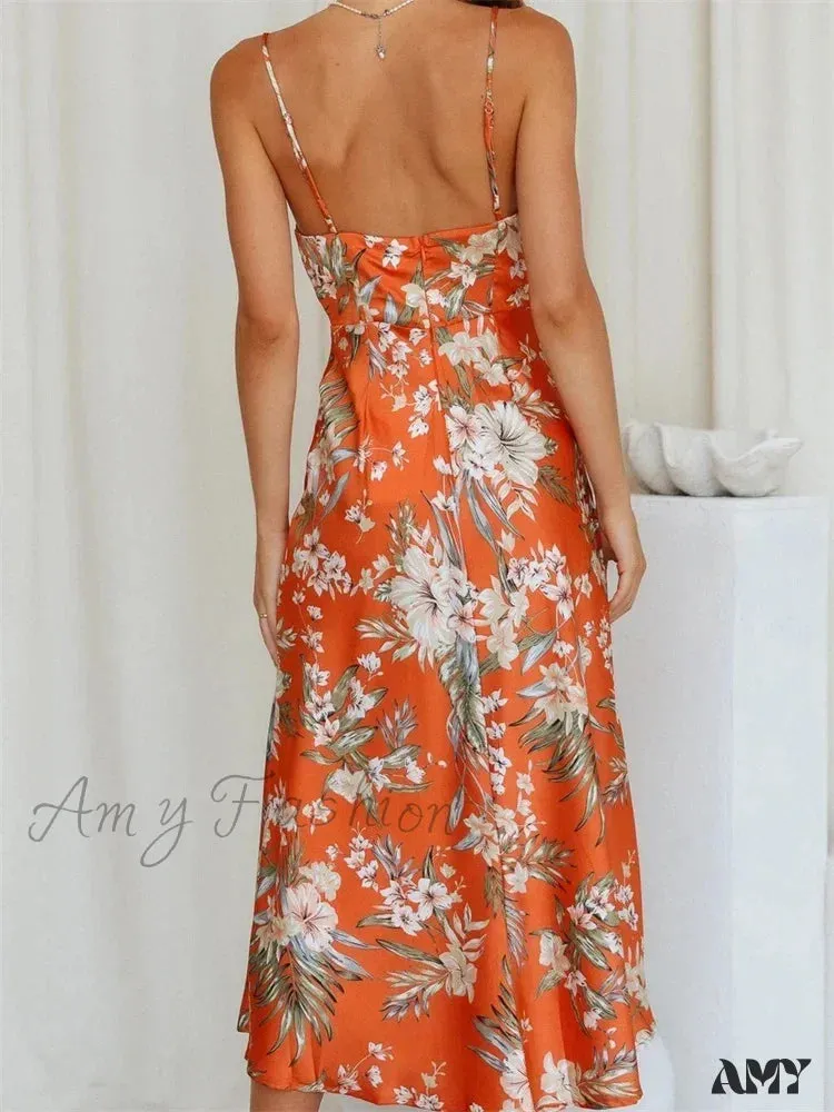 Amy Fashion - Women V-neck Floral Print Sleeveless Strap Side Split   for Party Club Wedding Night Female Vestidos