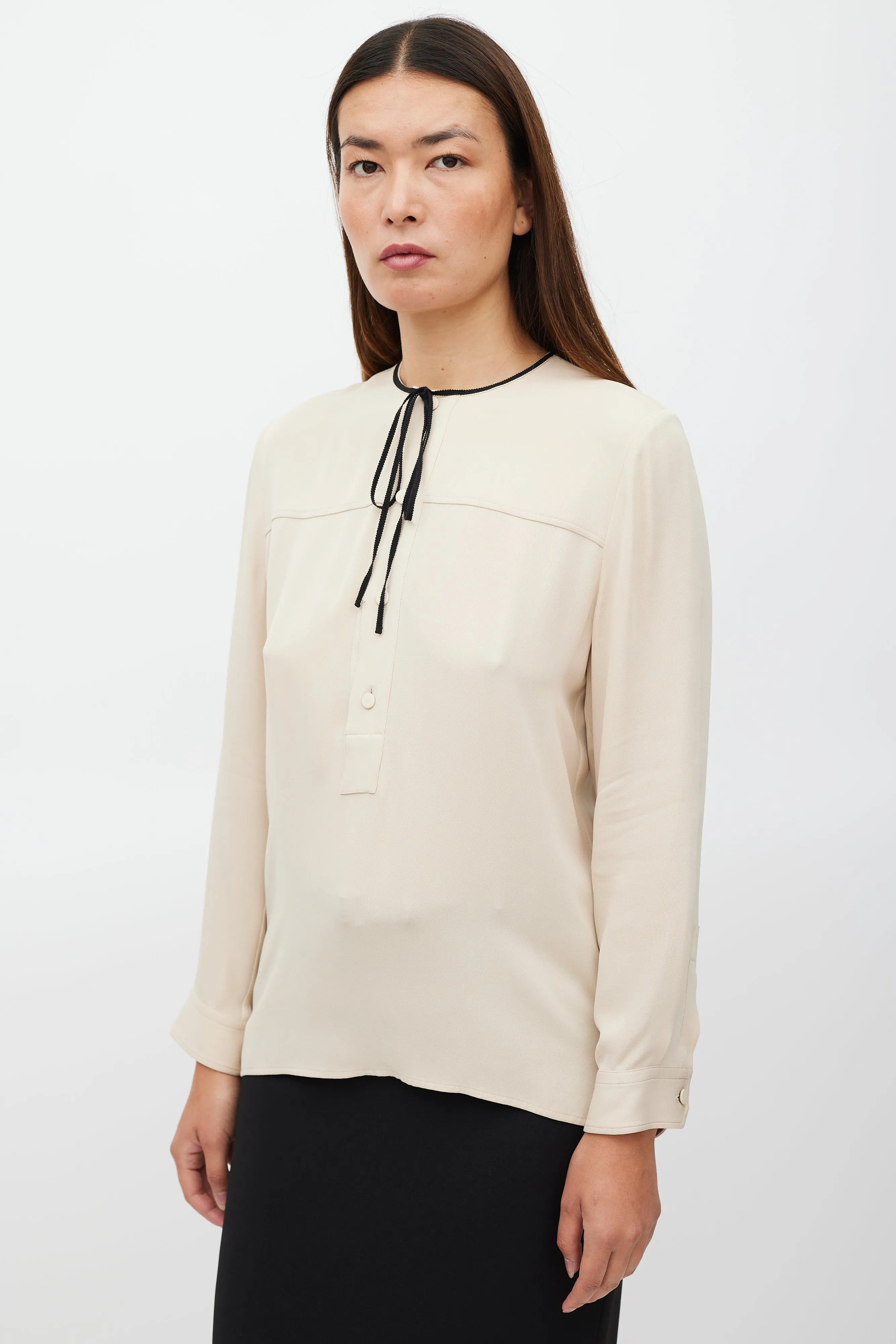 Beige Silk Half Button Up Top