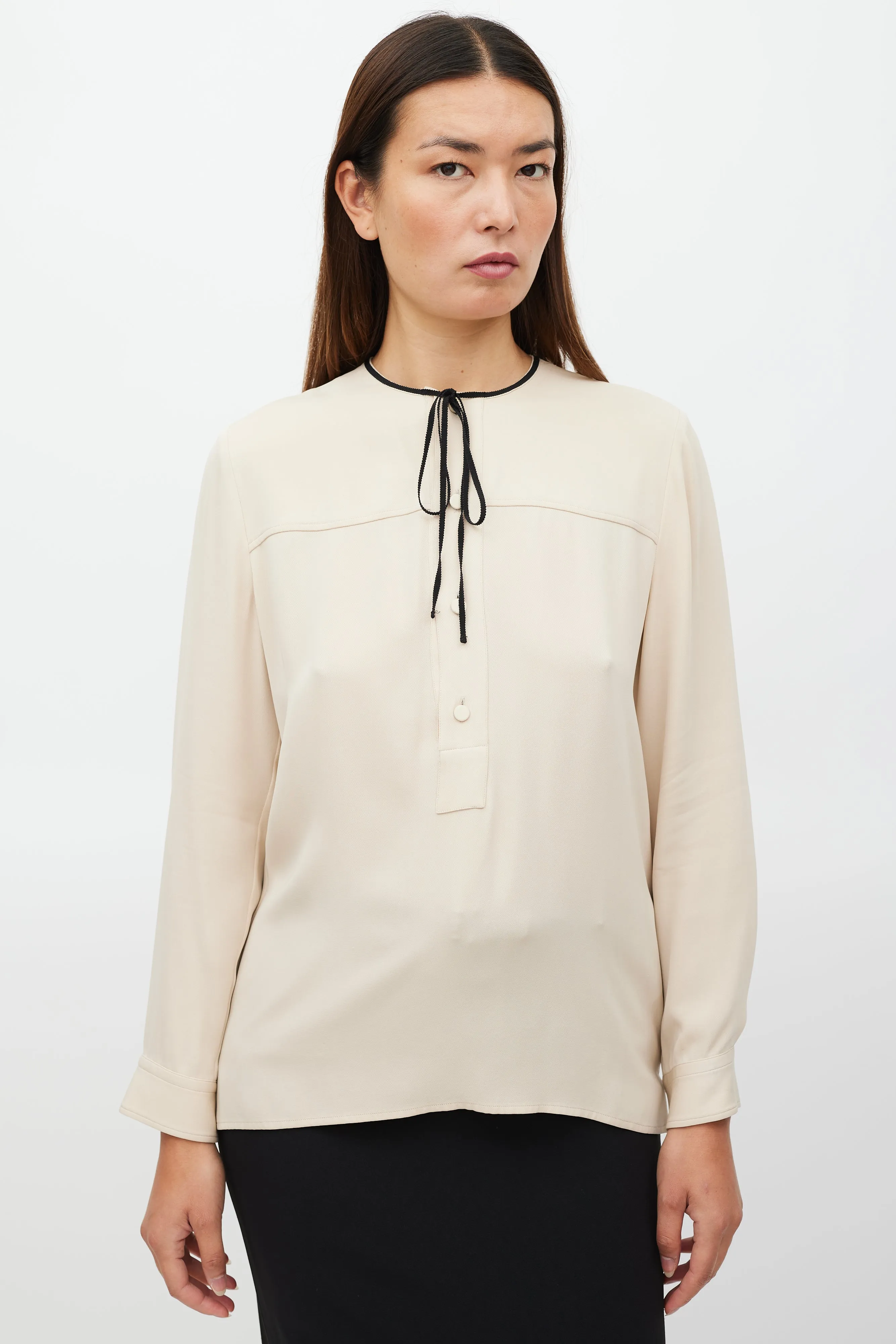 Beige Silk Half Button Up Top