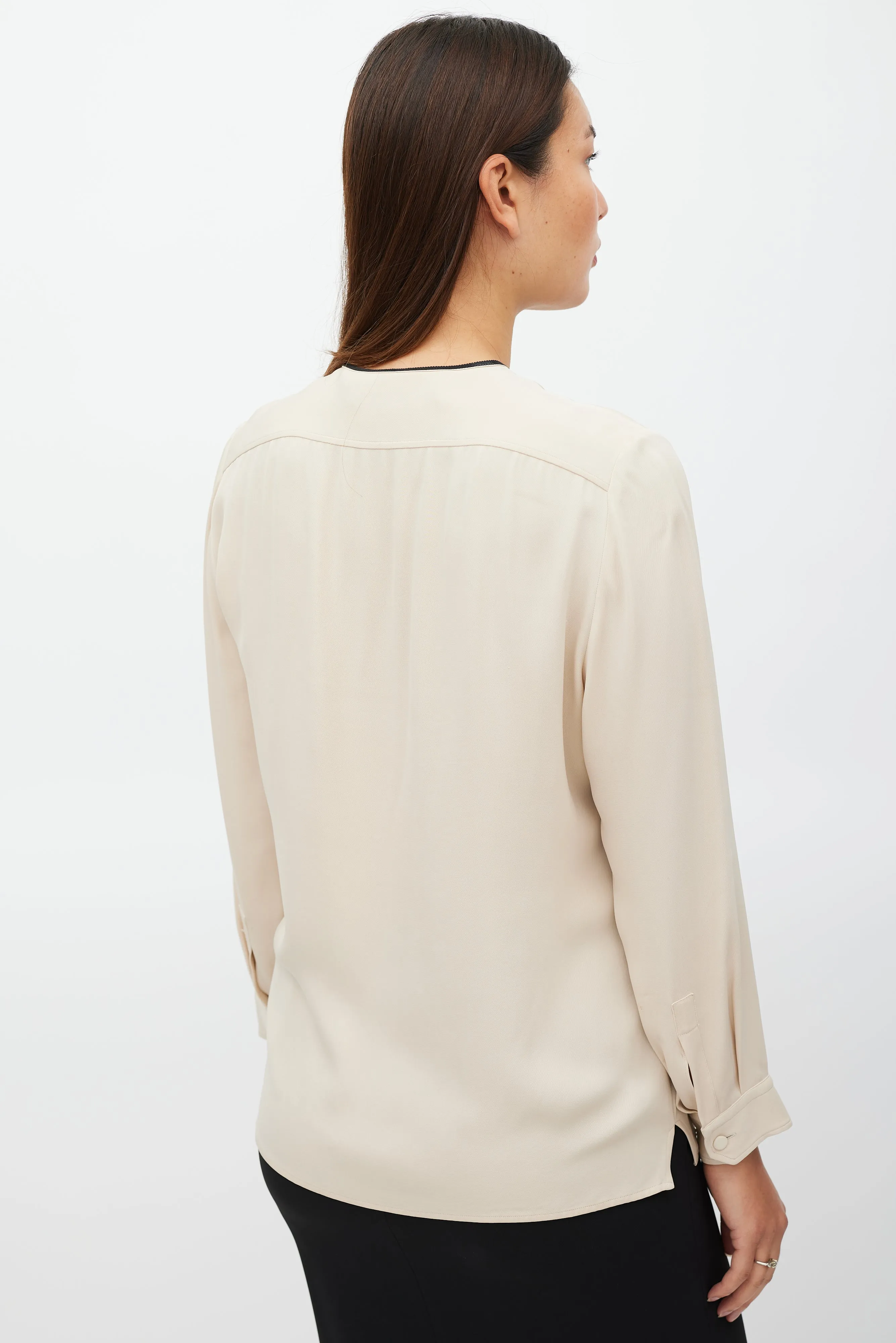 Beige Silk Half Button Up Top