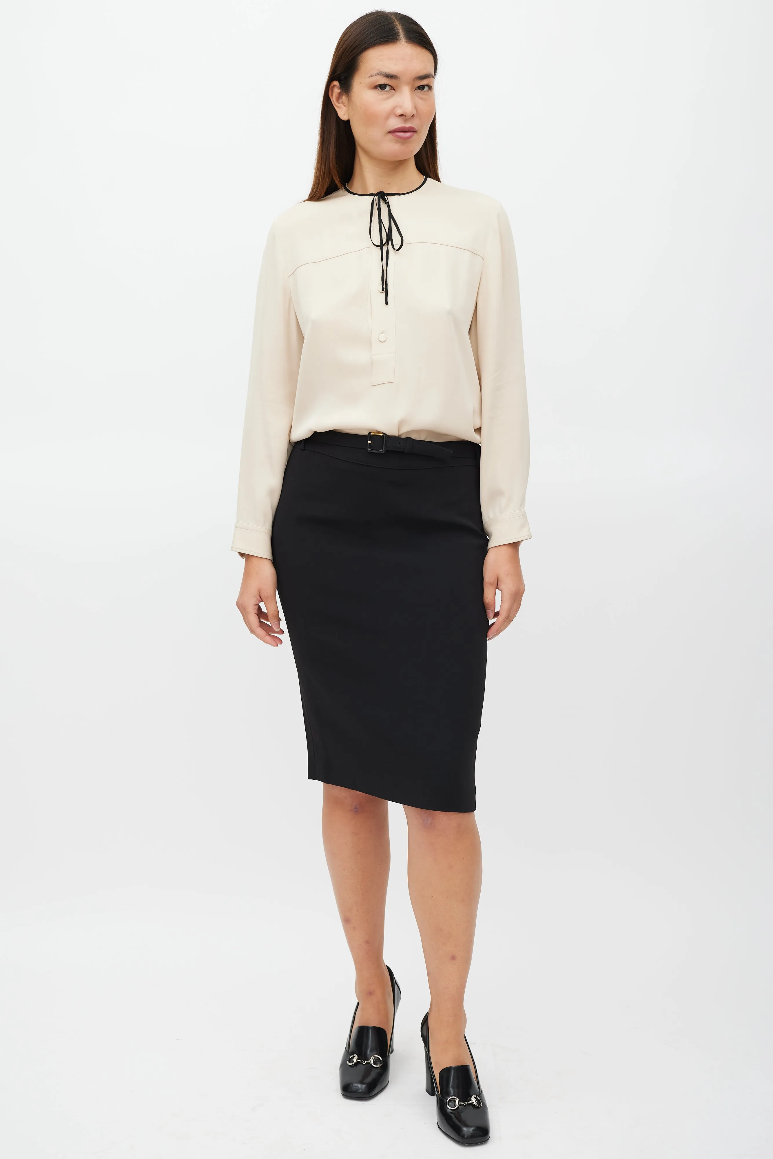 Beige Silk Half Button Up Top