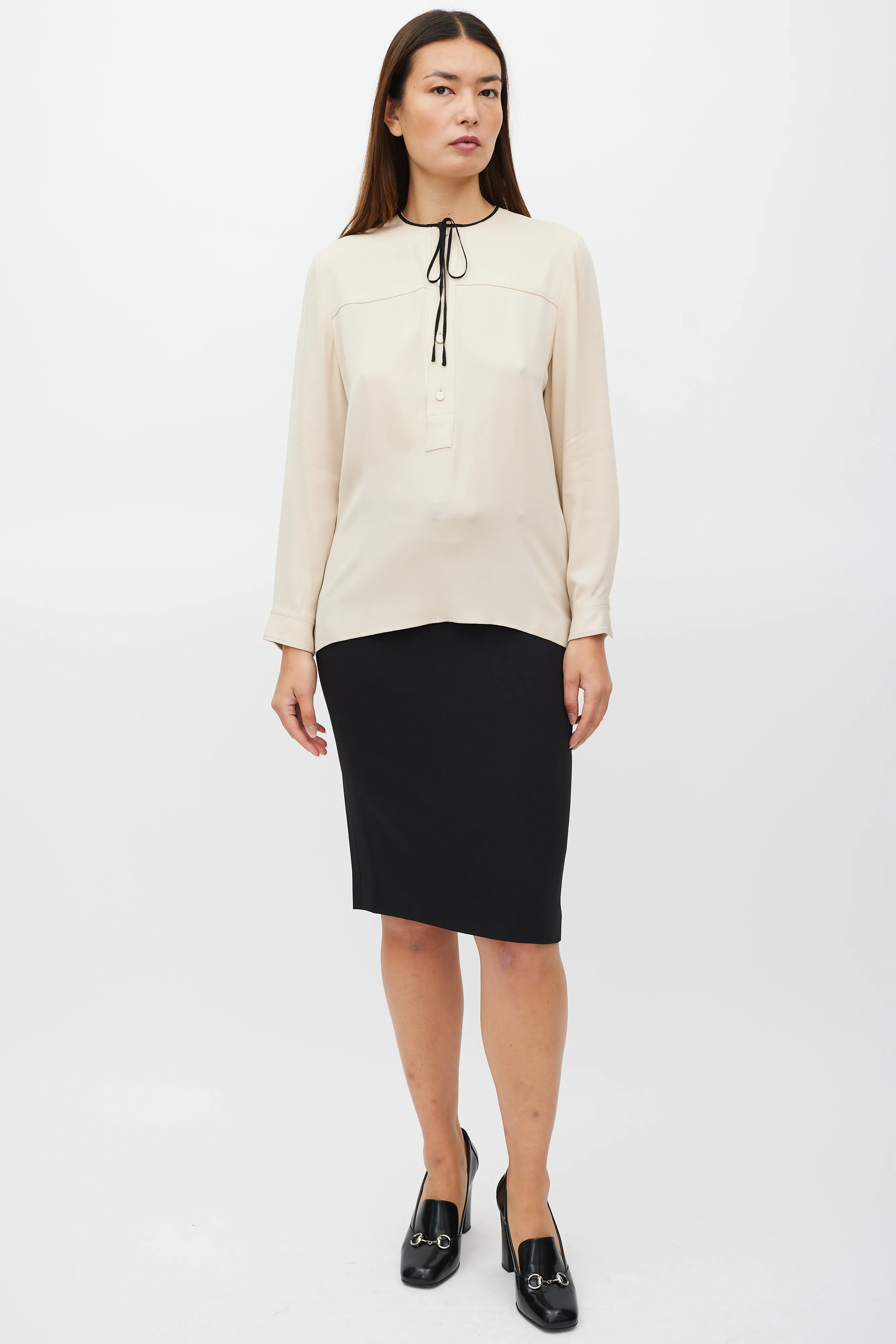 Beige Silk Half Button Up Top