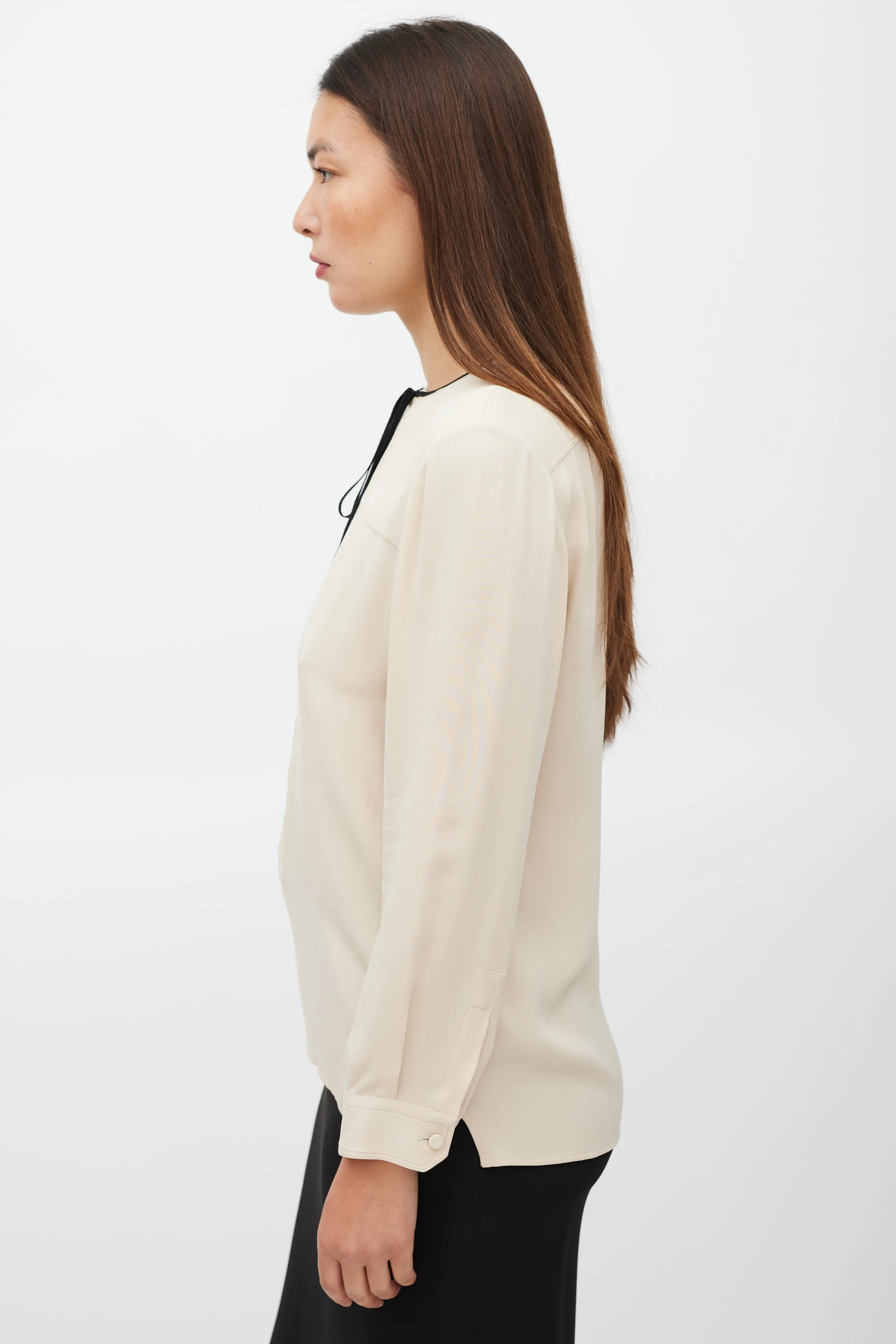 Beige Silk Half Button Up Top
