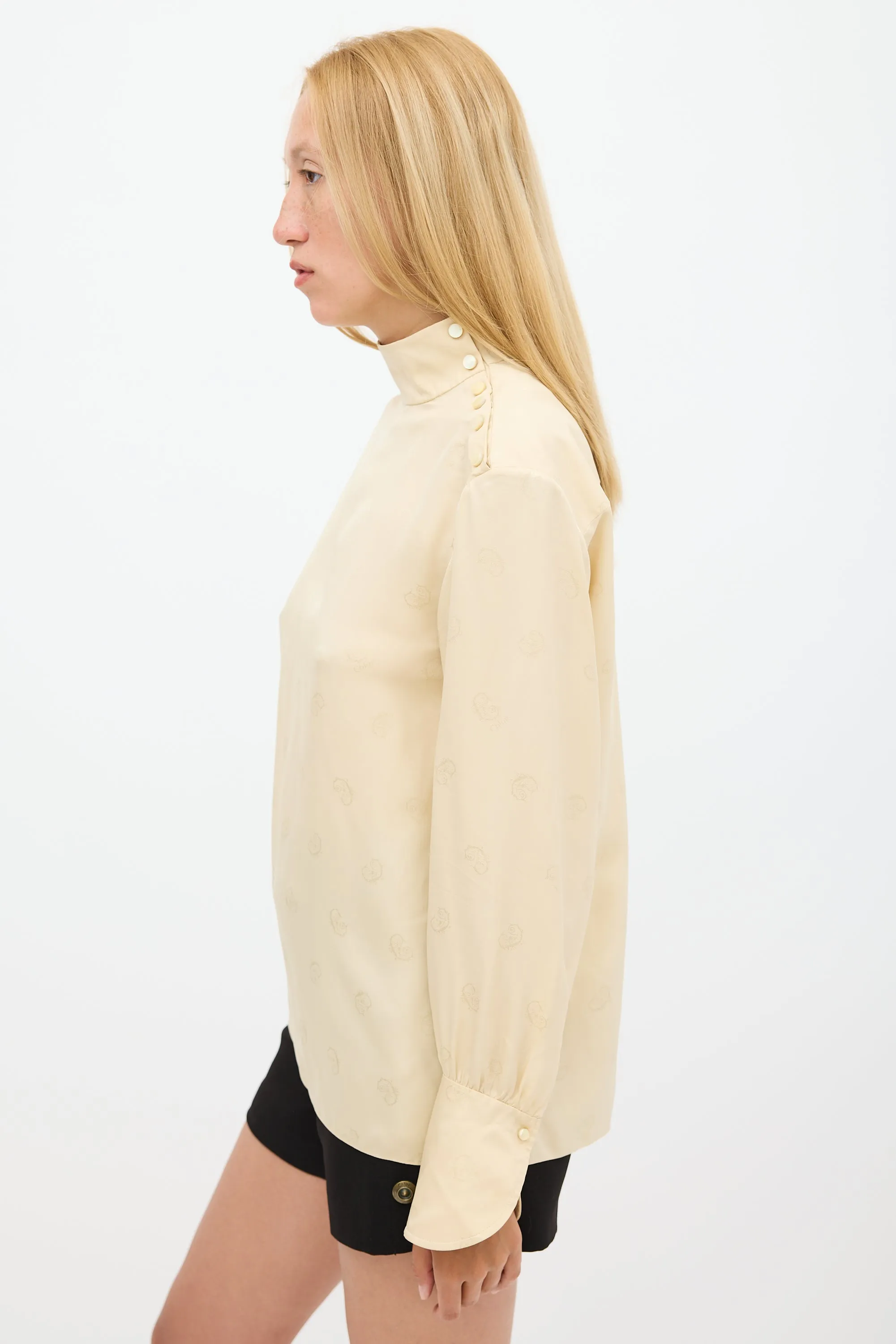 Beige Silk Logo Jacquard Top