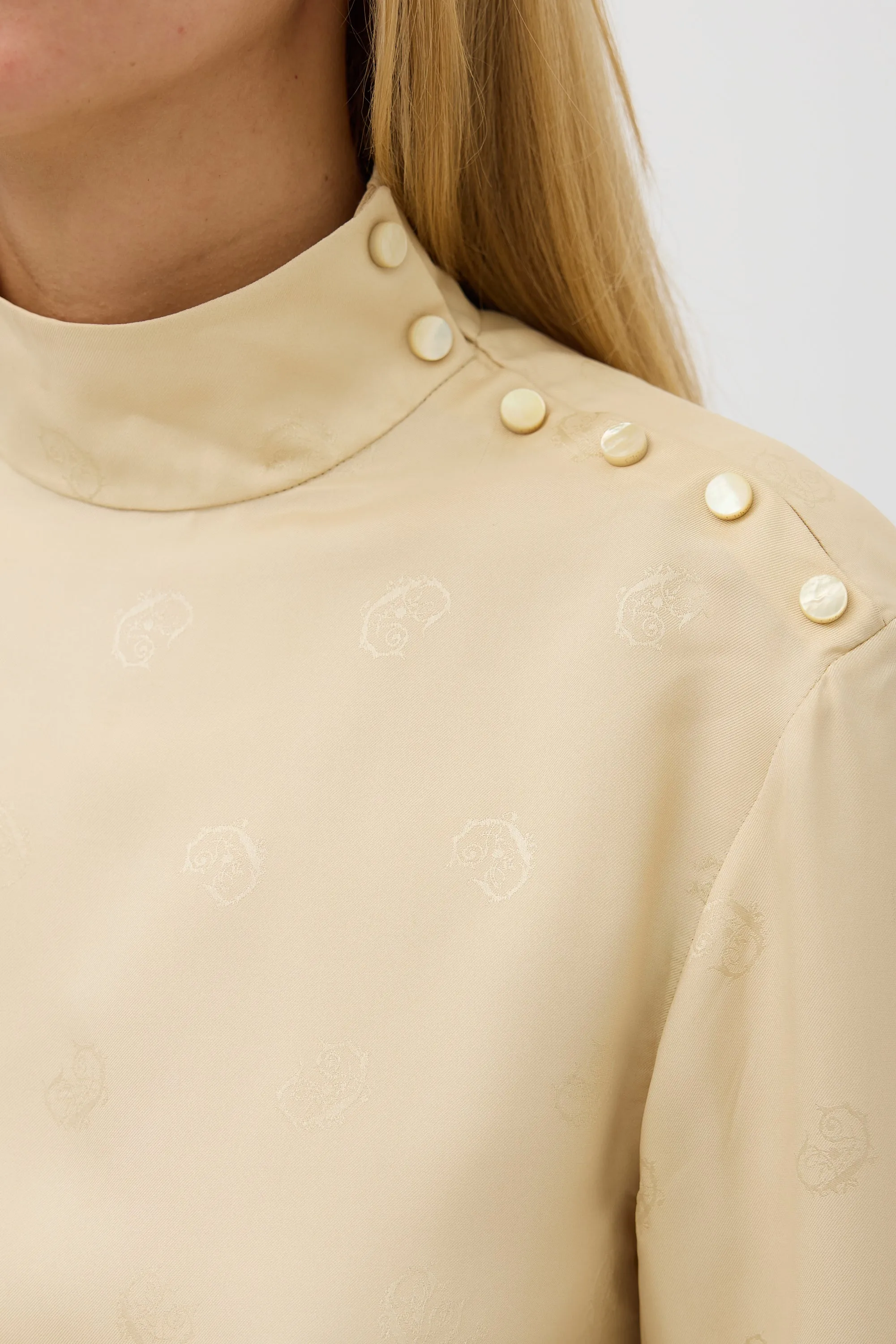 Beige Silk Logo Jacquard Top