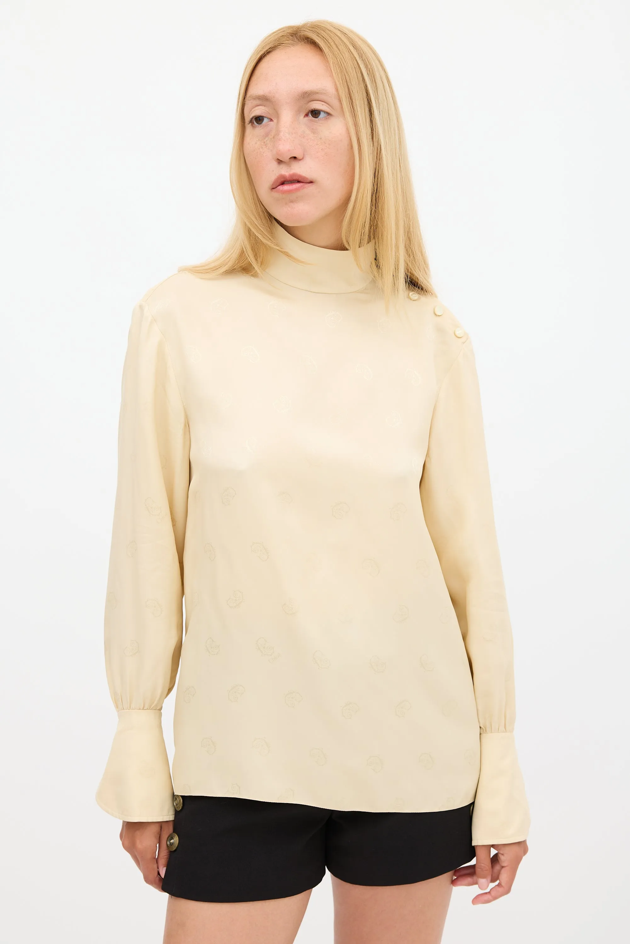 Beige Silk Logo Jacquard Top
