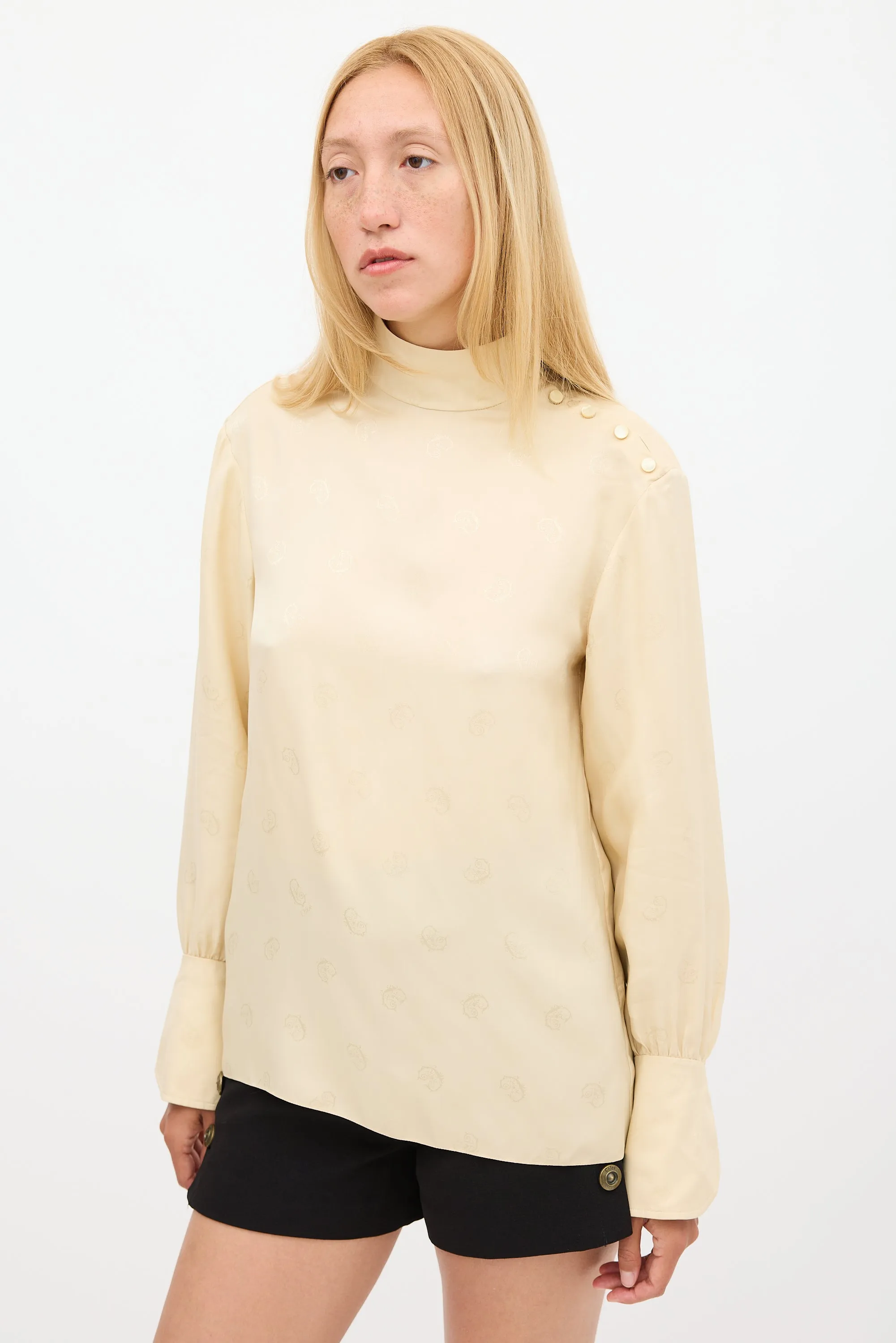 Beige Silk Logo Jacquard Top
