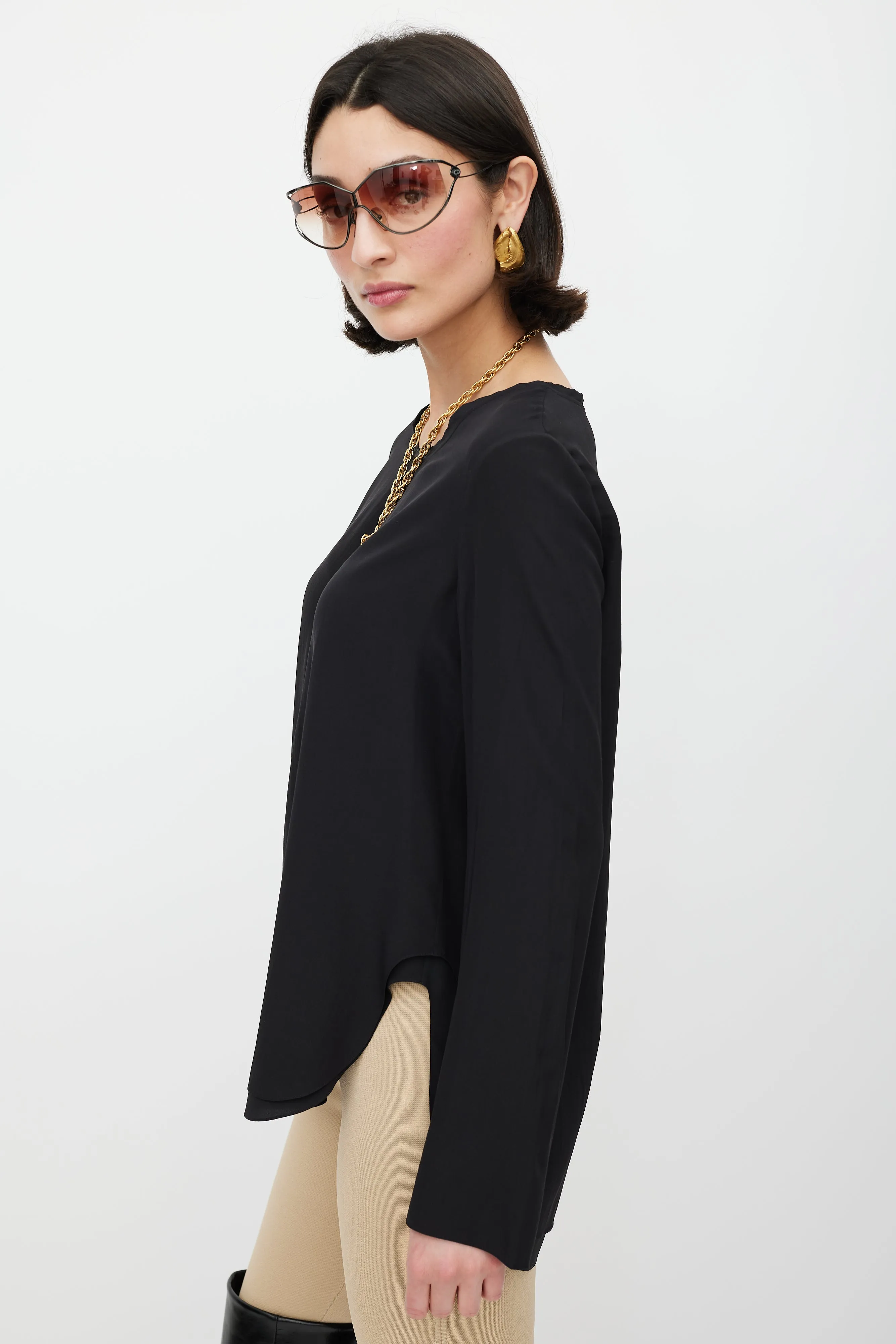Black Silk Scalloped Top