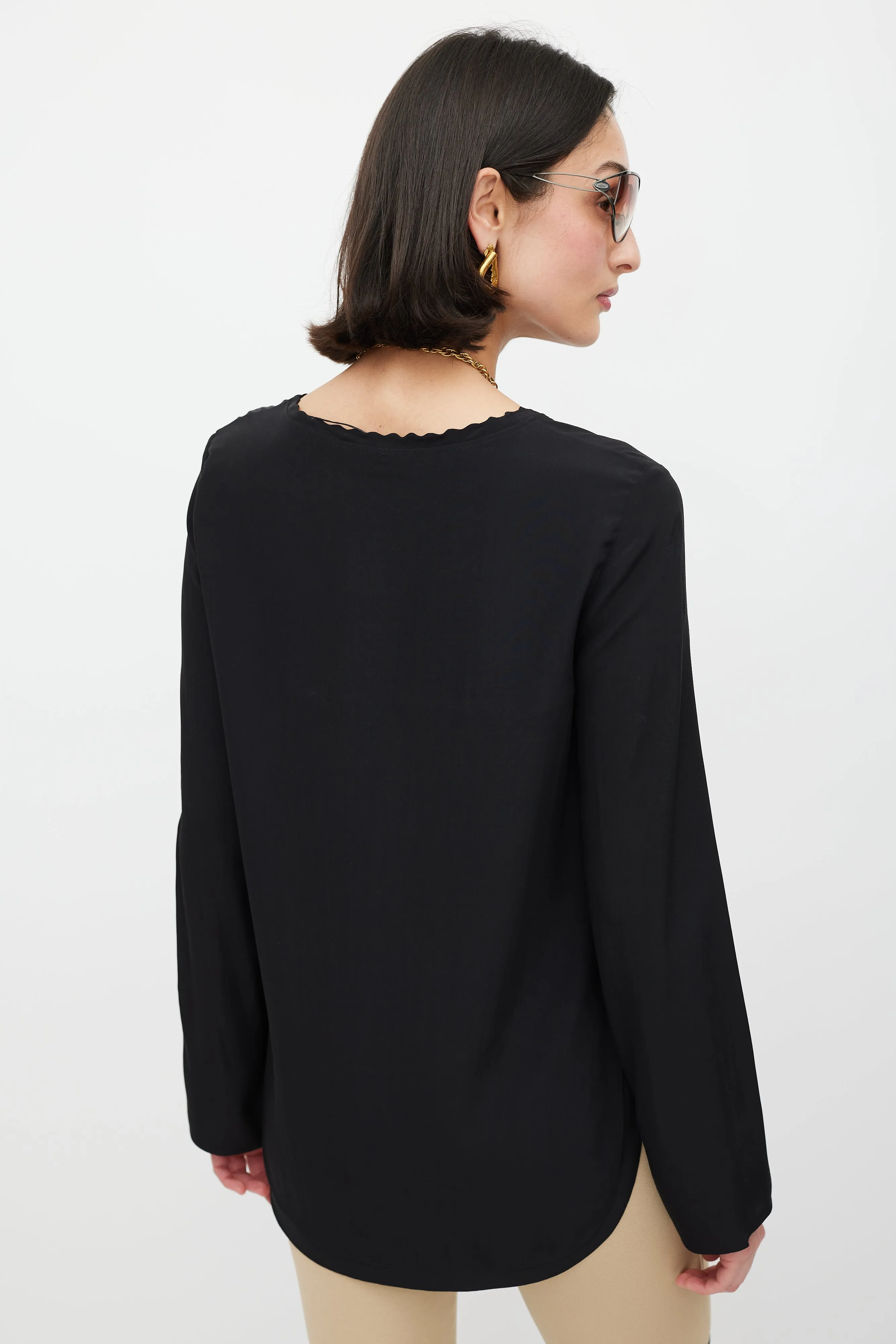 Black Silk Scalloped Top