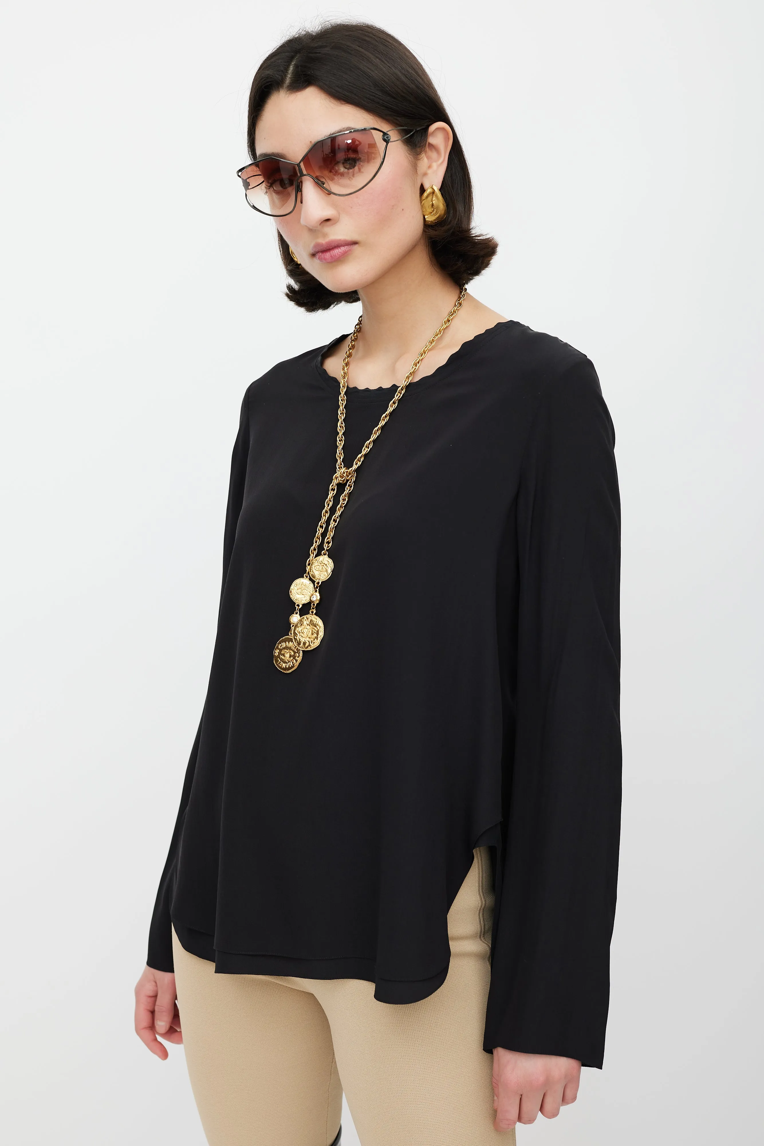 Black Silk Scalloped Top