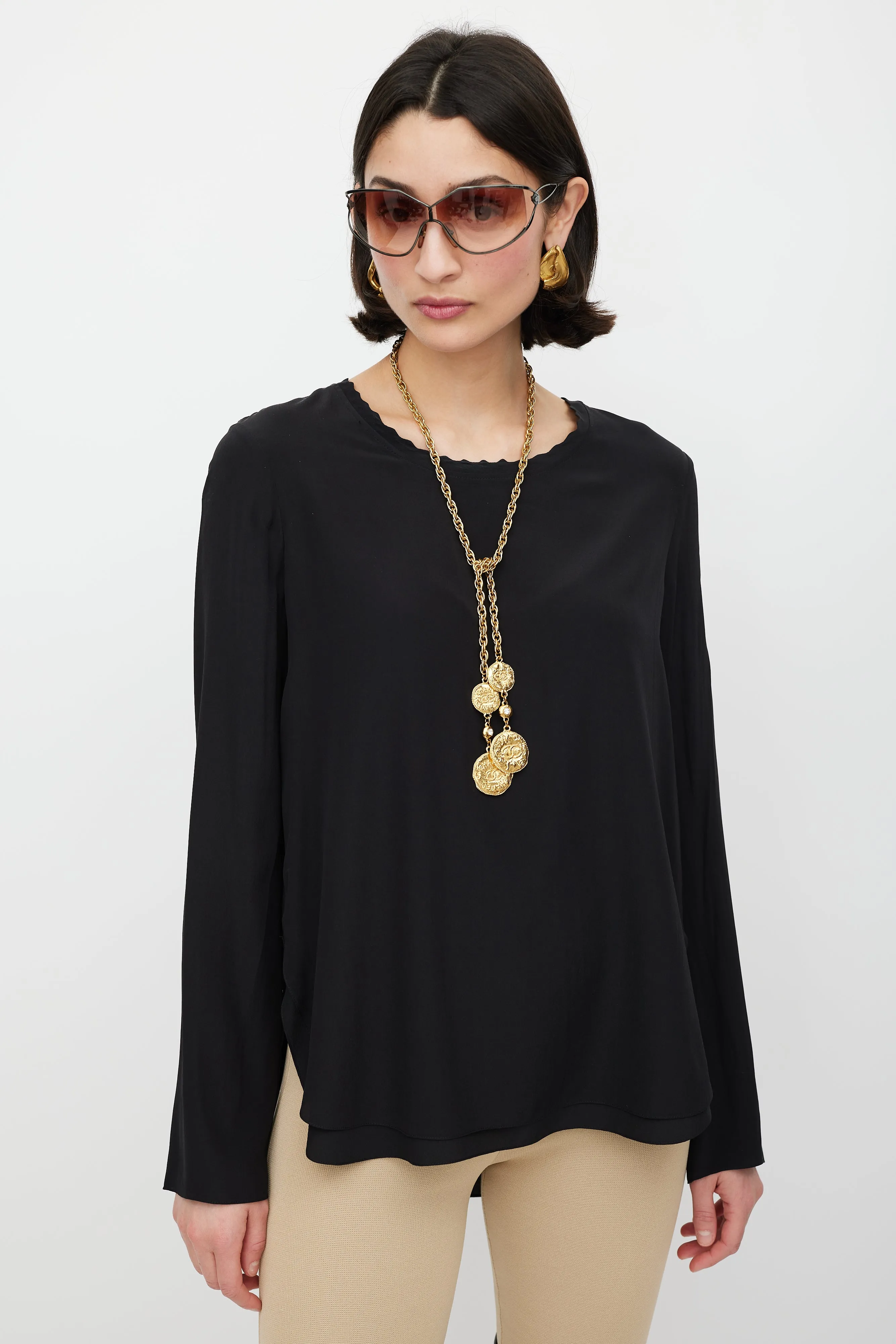 Black Silk Scalloped Top
