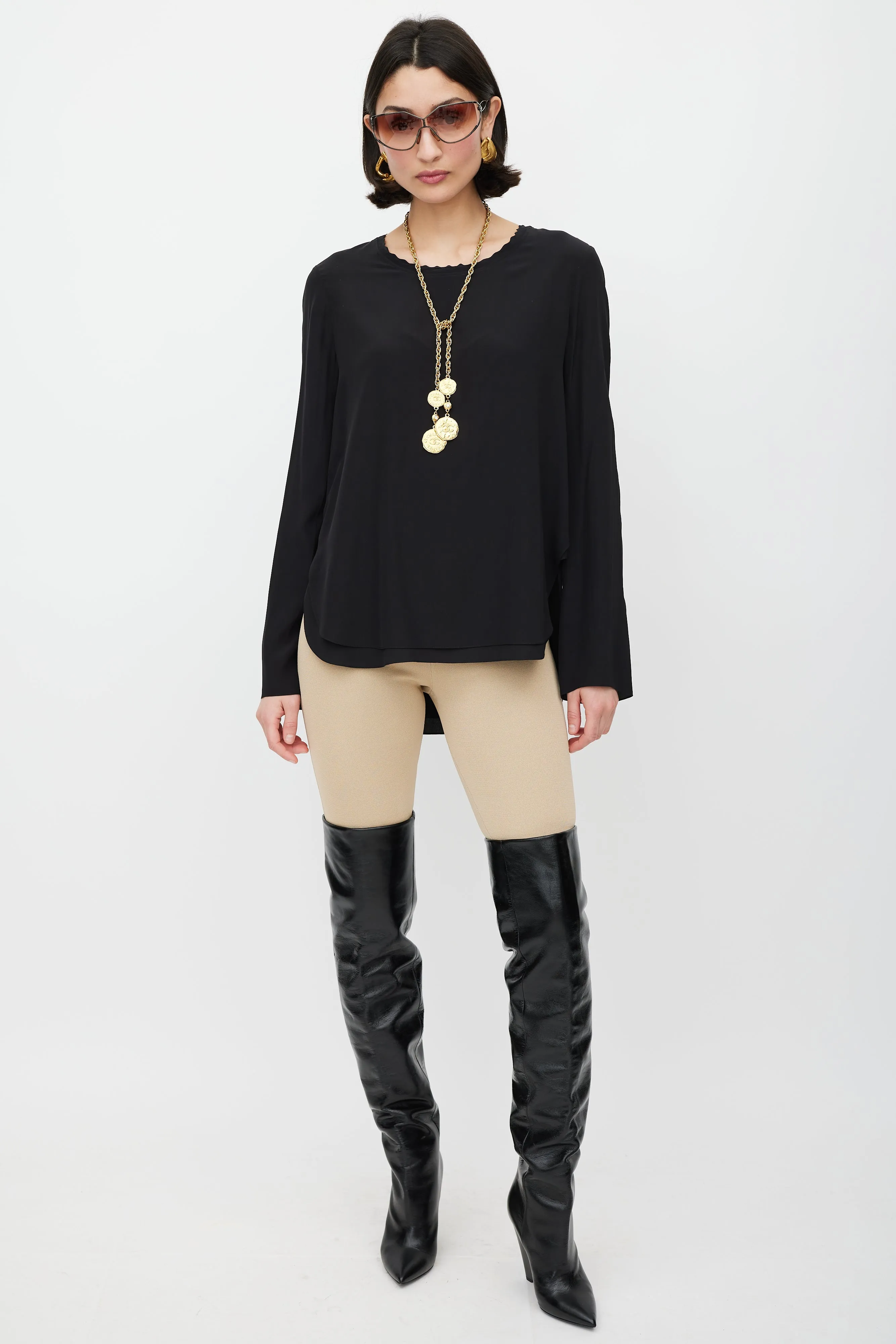 Black Silk Scalloped Top