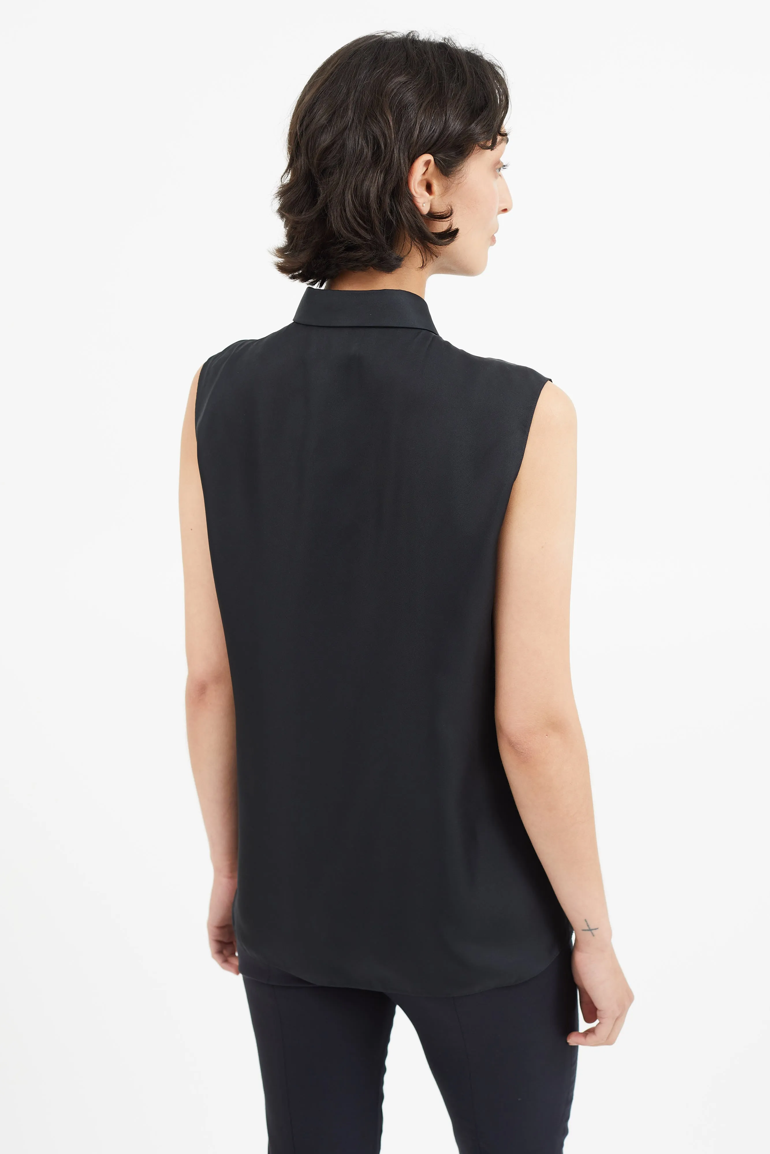 Black Sleeveless Silk Distressed Shirt