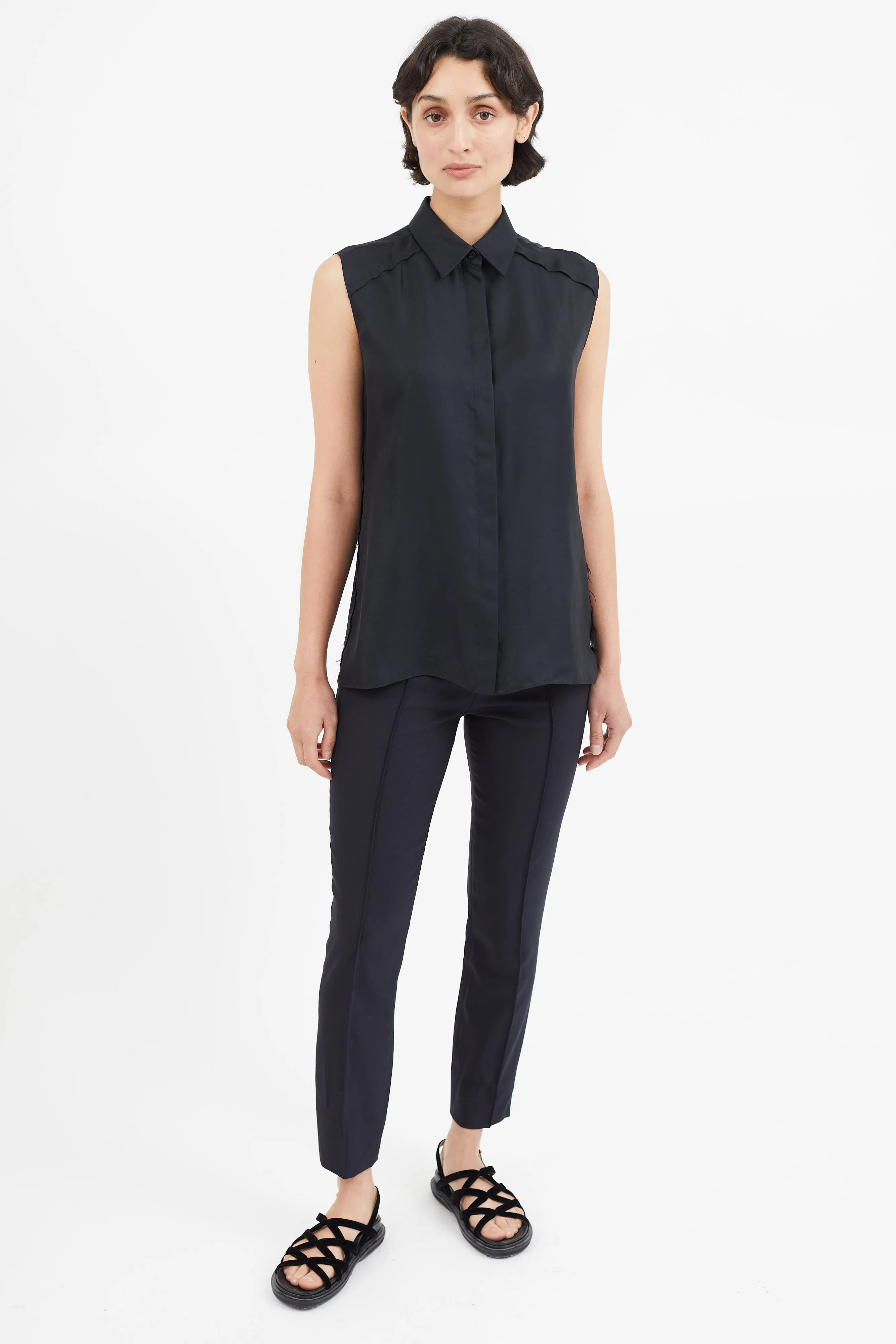 Black Sleeveless Silk Distressed Shirt