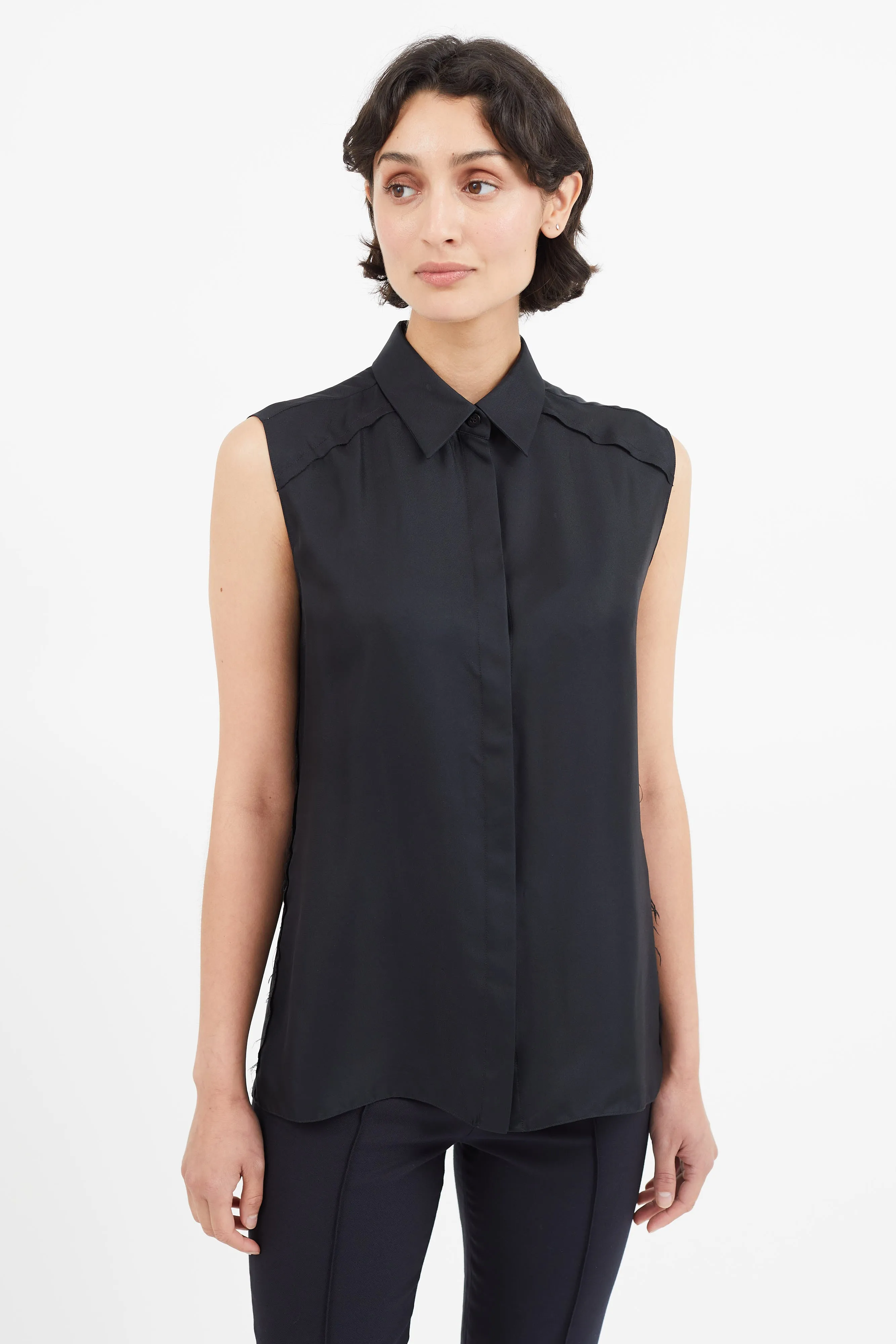 Black Sleeveless Silk Distressed Shirt