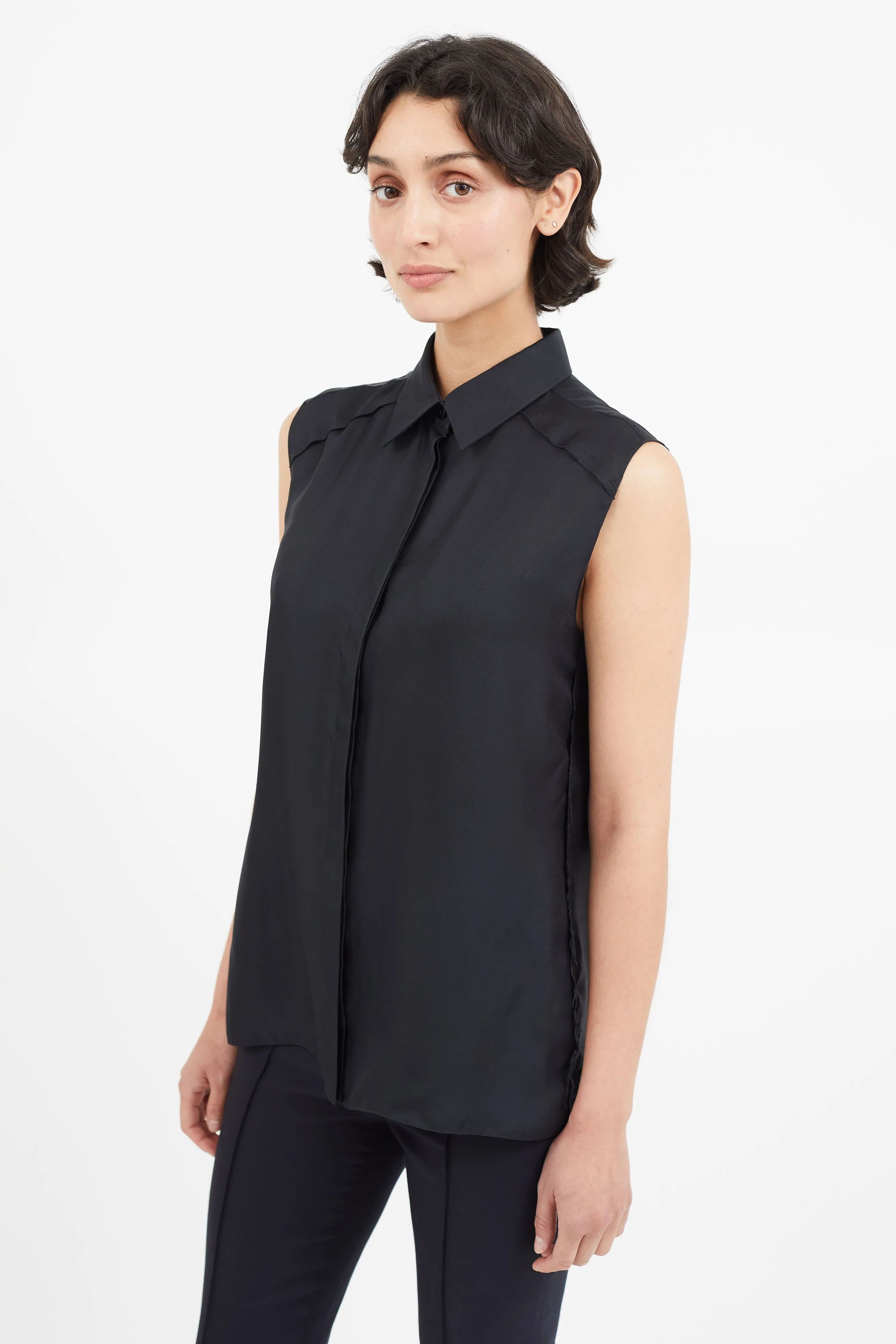 Black Sleeveless Silk Distressed Shirt