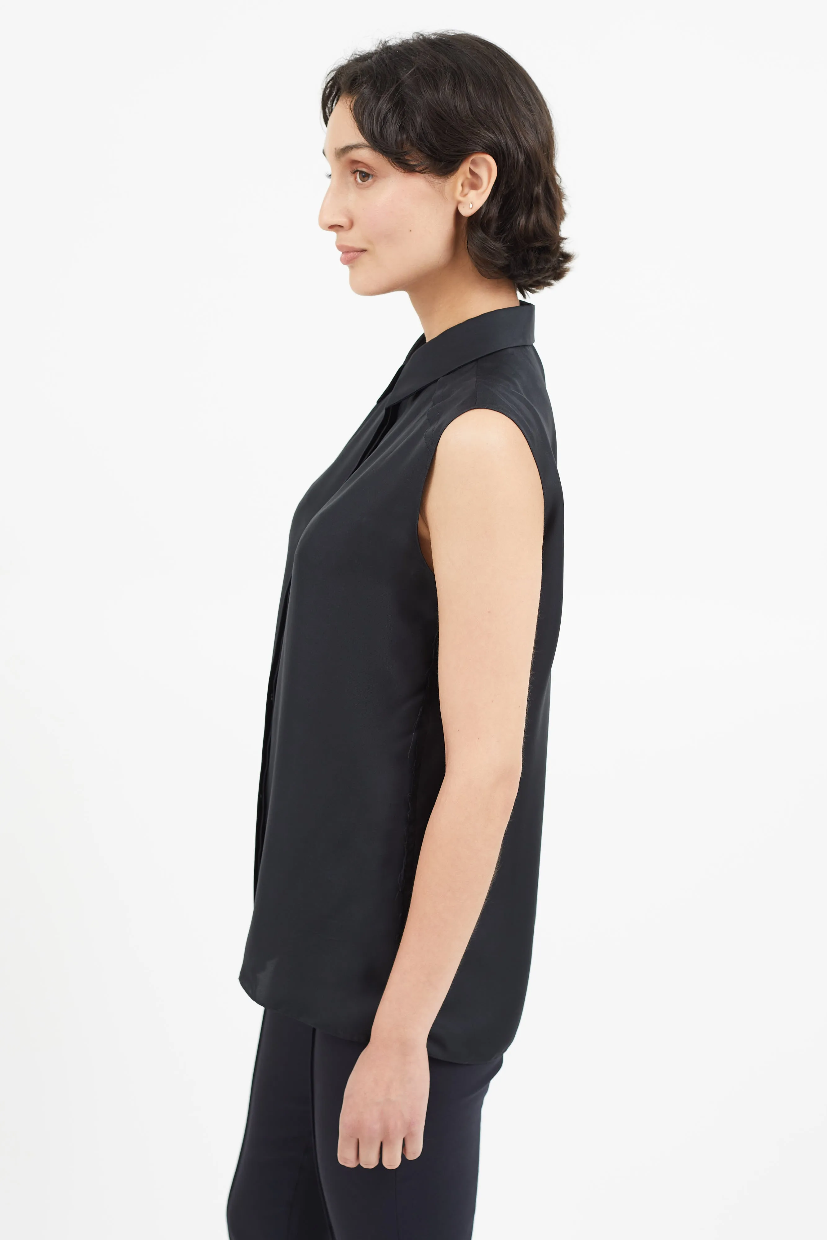 Black Sleeveless Silk Distressed Shirt