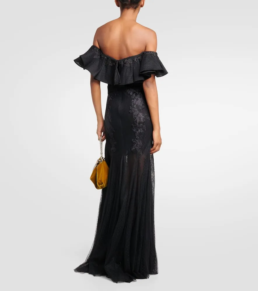 Costarellos Ruffled lace and tulle gown