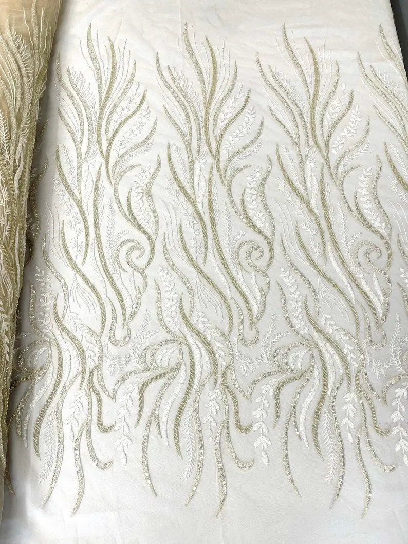 FEATHER BEADED LACE ON MESH (By The Yard)