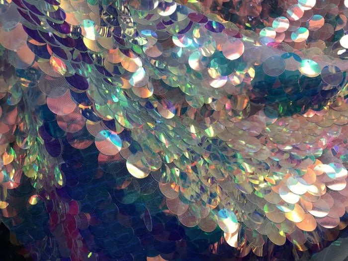 Fish Scale Circle Mermaid Fabric Sequin Iridescent Fabric (Clear Pink)