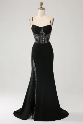 Gorgeous Black Mermaid Spaghetti Straps Strapless Sequin Prom Dresses with Slit Sexy Evening Dresses