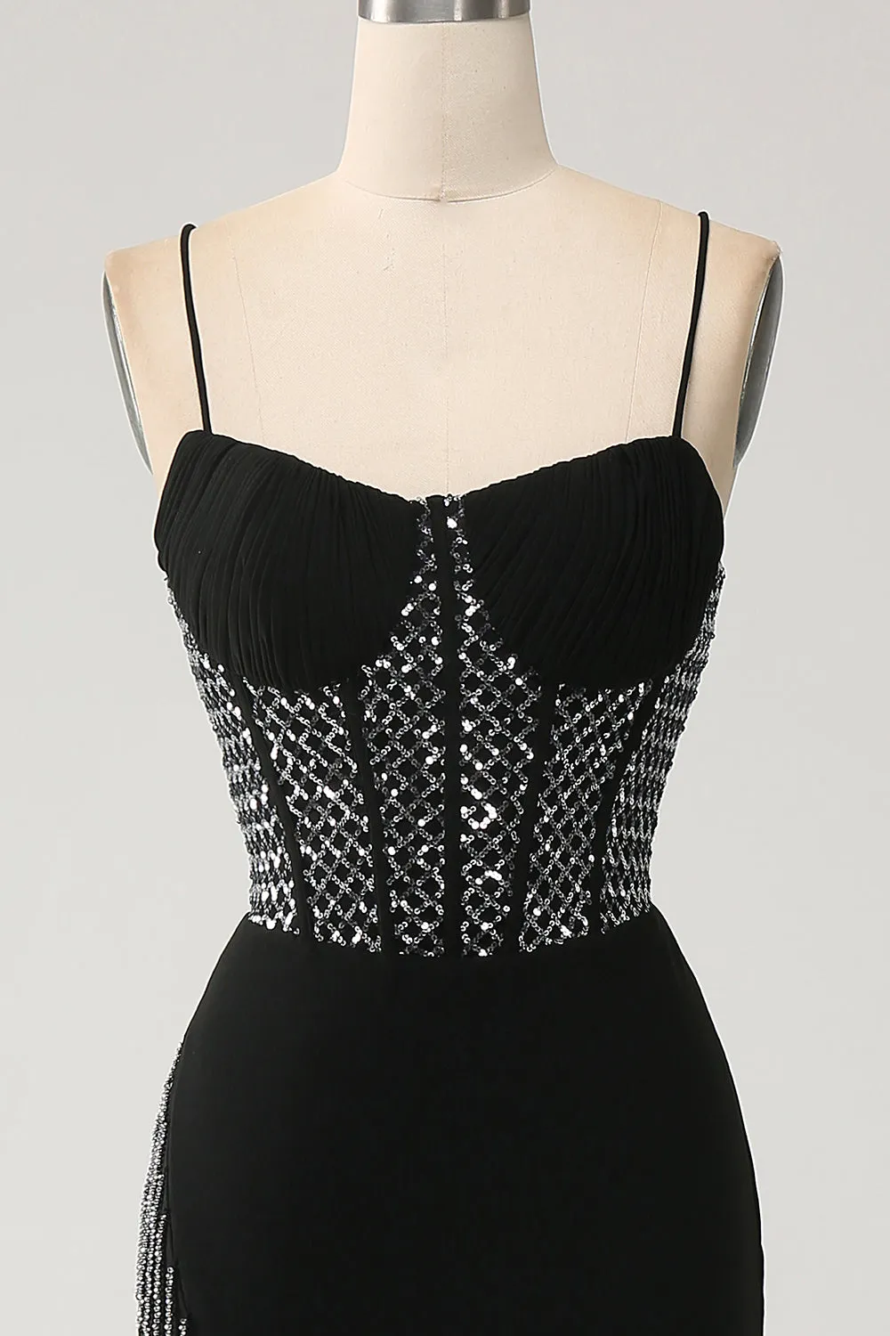 Gorgeous Black Mermaid Spaghetti Straps Strapless Sequin Prom Dresses with Slit Sexy Evening Dresses